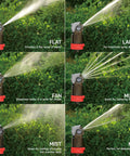Heavy Duty Telescoping Tripod Sprinkler With Turbo Gear Drive, 6 Spray Patterns, showing flat, large, fan, multi, mist, mini sprays
