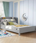 Full Pine Wood Bed With Bookcase Headboard And LED Motion Sensor Light Gray Finish Built In Guardrails shown in a kids room