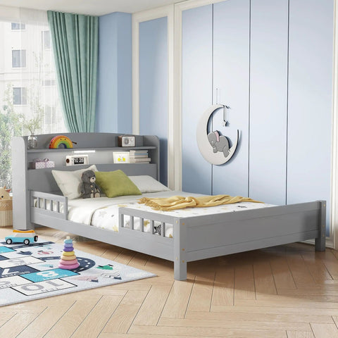 Full Pine Wood Bed With Bookcase Headboard And LED Motion Sensor Light Gray Finish Built In Guardrails shown in a kids room