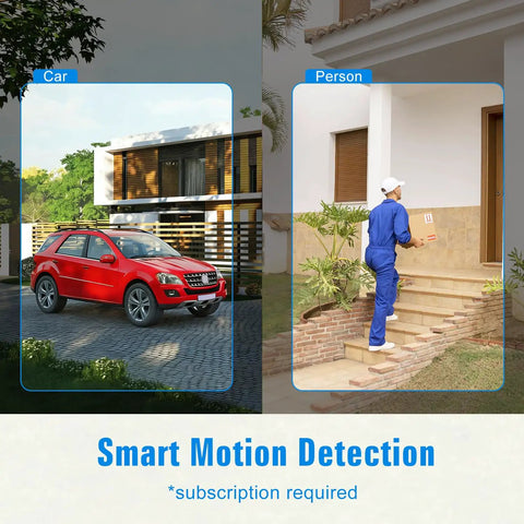 Wireless Outdoor Security Cam System With 2K HD Color Night Vision, AI Motion Detection, showing car and person alerts.