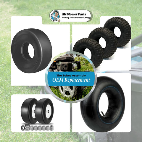 Rock Solid Caster Wheel Setup Fits Hustler Raptor X54 And Xl54 Mowers With 11X6 Pneumatic Tire smooth tread displayed on grass.