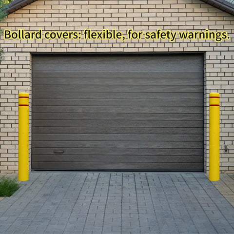 Tough As Nails Heavy Duty Bollard Cover Shields Parking Lots And Docks From Scrapes While Taking No Scratches From Heavy Traffic Built For Any Weather Solid Barrier For Warehouses Bright Yellow bollard covers in front of garage.