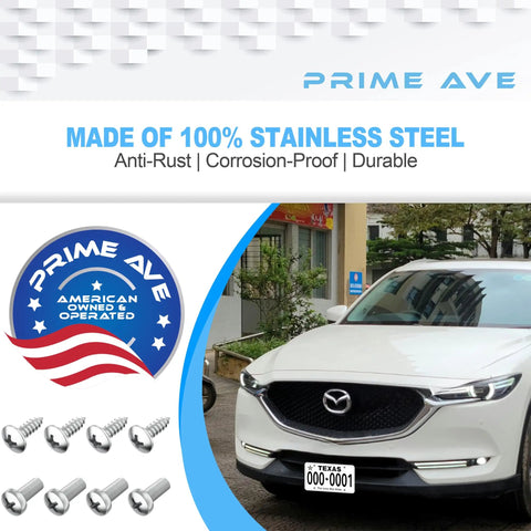 Stainless Steel License Plate Screws Set for Front and Rear Use, rust proof and durable for frames, Mazda SUV shown.