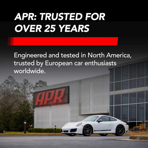 APR building with a white sports car, text reads 'Trusted for Over 25 Years', showcasing automotive engineering excellence.