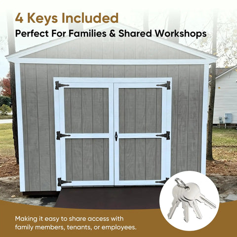 Heavy Duty Shed Door Hardware Kit With 6.5 Inch T Handle Lock Black Powder Coat 6 Anti Sag Hinges 2 Barrel Bolts For Outdoor Sheds Barns And Wooden Fence Gates Built Tough For Lasting Security And Easy Use on gray double shed doors with 4 keys