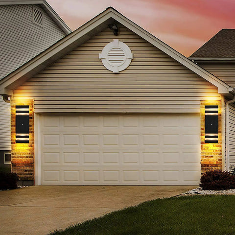 Garage illuminated by two pack dusk to dawn outdoor wall lights up and down sconce black aluminum waterproof exterior porch lights 3000K