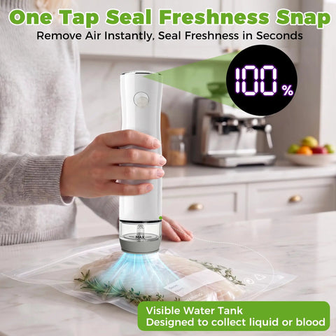 Portable Cordless Handheld Vacuum Sealer for Food Compact Travel Ready Food Saver with 30 Reusable Bags sealing food.