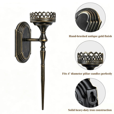 Gatheroad Pillar Candle Wall Sconces Set of 2, Gothic Lattice Crown Decor, antique gold finish, solid iron construction