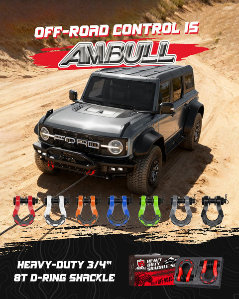 Off-road vehicle with Heavy Duty Three Quarters Inch D Ring Shackle 70,000 Lb Break Strength With Seven Eighths Inch Pin Isolator