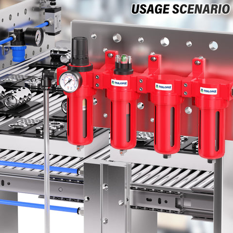 Industrial Grade Four Stage Air Drying System With Particulate And Coalescing Filters, mounted on a machine setup.