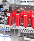 Heavy Duty 0-150 PSI One Half Inch NPT Four Stage Air Drying System With Particulate Filter in red on industrial setup.