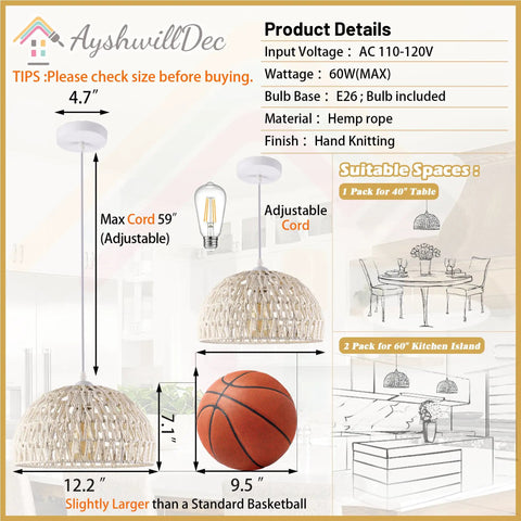 White Woven Pendant Light Boho Chic Chandelier Dome Fixture, Farmhouse Style Rattan Wicker Pendant for Dining Room