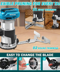 Heavy Duty Cordless Palm Router Built Tough For Job Site Woodworking Runs Buttery Smooth With Quick Makita 18V Battery Swap And Zero Tangled Cord Hassle, showing edge and round trimming features.