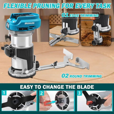 Heavy Duty Cordless Palm Router Built Tough For Job Site Woodworking Runs Buttery Smooth With Quick Makita 18V Battery Swap And Zero Tangled Cord Hassle, showing edge and round trimming features.