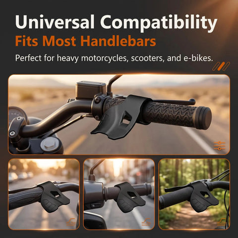 Universal Motorcycle Cruise Control Throttle Holder mounted on a textured black motorcycle grip for comfortable riding.