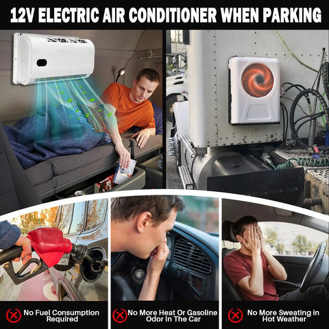 12V DC Truck Cab Air Conditioner With Brushless Motor Split Mini APU Unit in use, showing cooling effect and no fuel requirements.