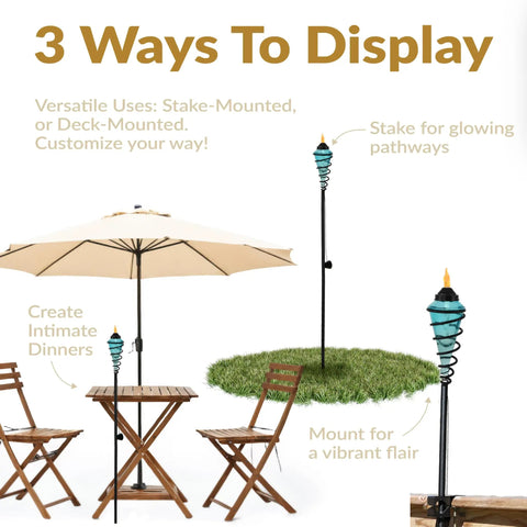 Three ways to use Two Pack Glass Patio Torch Set, Tall Outdoor Torches With Adjustable Height up to 66 Inches in garden scene