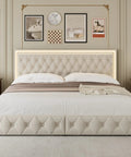 Queen Size Velvet Bed Frame Featuring Smooth As Butter Storage Drawers, Smart Led Chill Lights, Adjustable Headboard, Button Tufted Modern Platform Bed, Solid Wood Slats, No Sweat Assembly, Beige in a stylish bedroom setting.