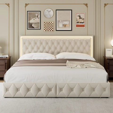 Queen Size Velvet Bed Frame Featuring Smooth As Butter Storage Drawers, Smart Led Chill Lights, Adjustable Headboard, Button Tufted Modern Platform Bed, Solid Wood Slats, No Sweat Assembly, Beige in a stylish bedroom setting.
