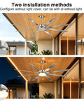 UOJ 84 inch large aluminum ceiling fan with or without lights showing two installation methods under a patio ceiling.