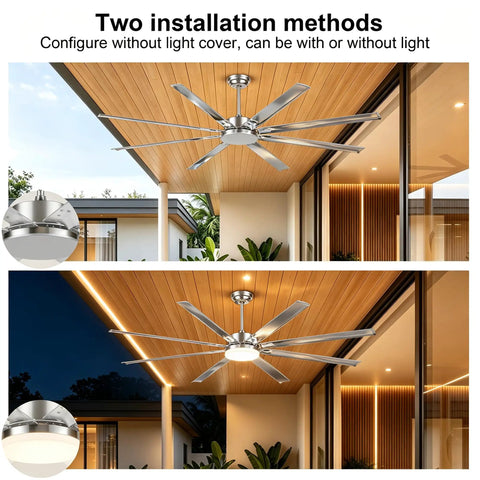 UOJ 84 inch large aluminum ceiling fan with or without lights showing two installation methods under a patio ceiling.
