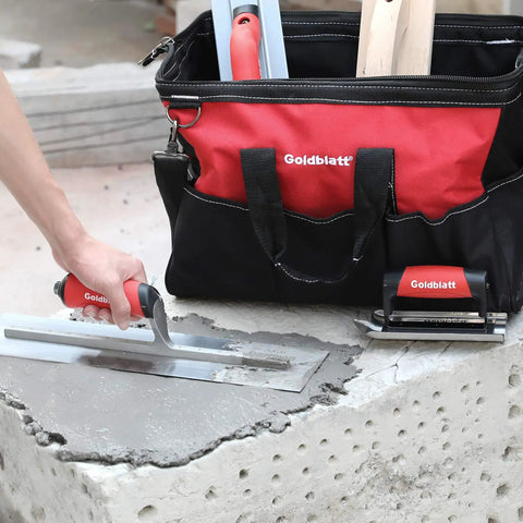 8 Piece Masonry Tool Set Pro Grade With Finishing Trowel Gauging Trowel Groover Edger Extruded Alloy Float Wood Float And Wire Twister In Durable Tool Bag For Quick, Easy Concrete Finishing in use on concrete