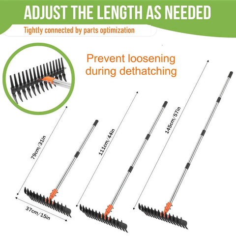 Diagram of 15 Inch Heavy Duty Thatch Rake With Two Row 29 Tines Metal Dethatcher showing adjustable handle lengths.