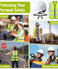 Eighteen Piece Squad Ready Construction Safety Bundle With White Cap Style Hard Hats Neon Hi Viz Vests Adjustable Clear Safety Glasses No Fuss Ppe Bulk Pack For Serious Job Site Hustle with workers and safety gear.
