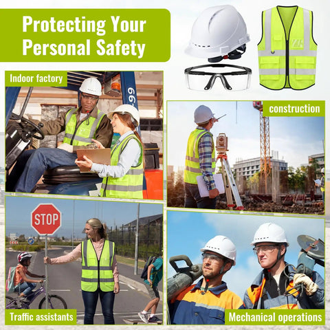 Eighteen Piece Squad Ready Construction Safety Bundle With White Cap Style Hard Hats Neon Hi Viz Vests Adjustable Clear Safety Glasses No Fuss Ppe Bulk Pack For Serious Job Site Hustle with workers and safety gear.