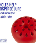 Close-up of red Indoor Fruit Fly Trap Kit with holes to disperse lure, part of 2 Traps And 90 Day Lure Supply, for quick fly control.