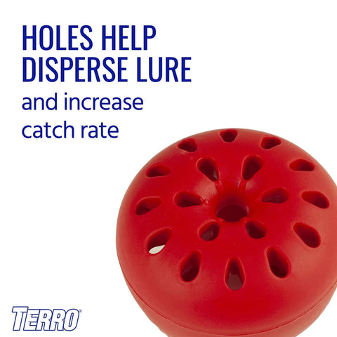 Close-up of red Indoor Fruit Fly Trap Kit with holes to disperse lure, part of 2 Traps And 90 Day Lure Supply, for quick fly control.