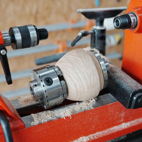BMWOOD woodturning live tailstock chuck adapter on lathe turning a light wood blank