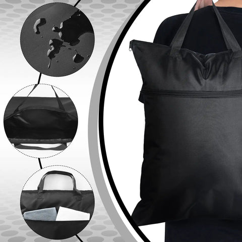 Person holding Two Pack Go-To Travel Laundry Bag With Large 18 By 23 Inch Wet Bag; close-ups of material details and zipper
