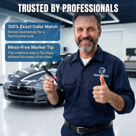 Mechanic holding Exact Color Match Car Paint Touch Up Pen For Cars, SUVs And Trucks in garage with parked vehicle.