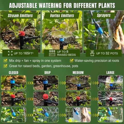 Adjustable watering emitters for plants with Expandable DIY Drip Irrigation Kit For Raised Beds, showing stream, vortex, and sprayer types.