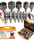 Carbide Hole Saw Kit For Metal 13 Piece Heavy Duty Drill Bit Set Ranging From 33/64 Inch To 2 1/8 Inch Cutter displayed