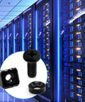 M5x16mm Rack Screws And Cage Nuts With Fender Washers Black Metric Server Mounting Hardware Kit shown with server rack backdrop.