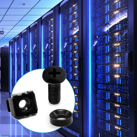 M5x16mm Rack Screws And Cage Nuts With Fender Washers Black Metric Server Mounting Hardware Kit shown with server rack backdrop.