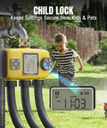 Three Zone Sprinkler Timer For Outdoor Irrigation, Beefy Heavy Duty Controller, child lock feature shown, garden use