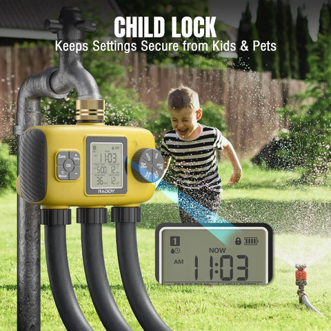 Three Zone Sprinkler Timer For Outdoor Irrigation, Beefy Heavy Duty Controller, child lock feature shown, garden use