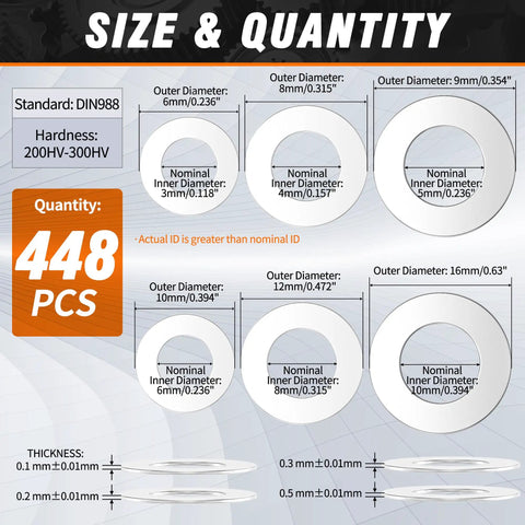 Gearhead Shim Washer Set 304 Stainless Steel, 448 Pcs, Flat Spacers 3x6 4x8 5x9 6x10 8x12 10x16, Precise 0.1 0.2 0.3 0.5mm Increments, For Bearings, Gearboxes, CNC Machines, RC Tuning, DIN 988 size chart with 448 pieces