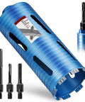 4 Inch Dry Core Drill Bit Kit With 5/8-11 Thread, 9.5 Inch Depth, Includes 3 Adapters For SDS Plus, SDS Max, And 1/2 Inch Hex Shank