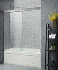 Double Sliding Shower Door In Brushed Nickel Finish For 56 To 60 Inch Openings, 57 Inch Height Semi Frameless Barn Style Bypass Tub Glass Door With Anti Leak Design, Quarter Inch Clear Tempered Glass installed in bathroom.