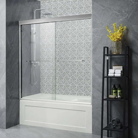 Double Sliding Shower Door In Brushed Nickel Finish For 56 To 60 Inch Openings, 57 Inch Height Semi Frameless Barn Style Bypass Tub Glass Door With Anti Leak Design, Quarter Inch Clear Tempered Glass installed in bathroom.