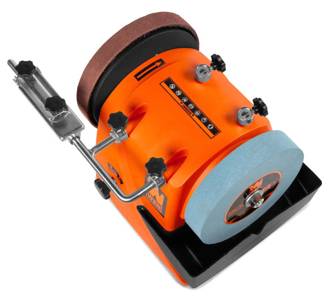 8 Inch Water Cooled Wet And Dry Sharpening System With 220 Grit Stone And Leather Strop Wheel, Adjustable Reservoir, shown in side view.