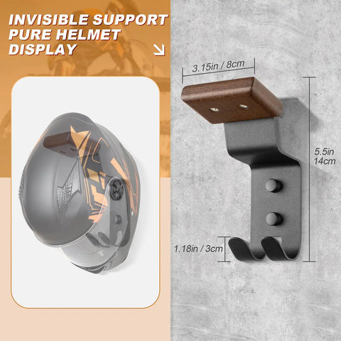 Heavy Duty Solid Steel And Premium Natural Wood Motorcycle Helmet Wall Mount Rack With Rust Resistant Matte Black Finish Built Tough For Motorcyclists Rock Solid Garage Gear Stash Two Pack dimensions with helmet display