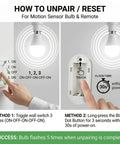 Detached Motion Sensor Light Bulb Kit With Split Design 60W Equivalent A19 LED 6000K Daylight White, reset guide illustration