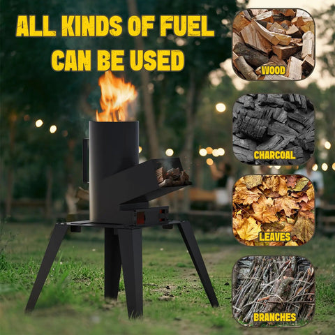 Three In One Camp Rocket Stove Kit With Griddle Grill And Pot Rack Portable Wood Burning Stove With Detachable Stand For Camping Backyard Grilling Patio Barbecue RV Tailgating; image shows stove with multiple fuel options like wood, charcoal, leaves, and branches.