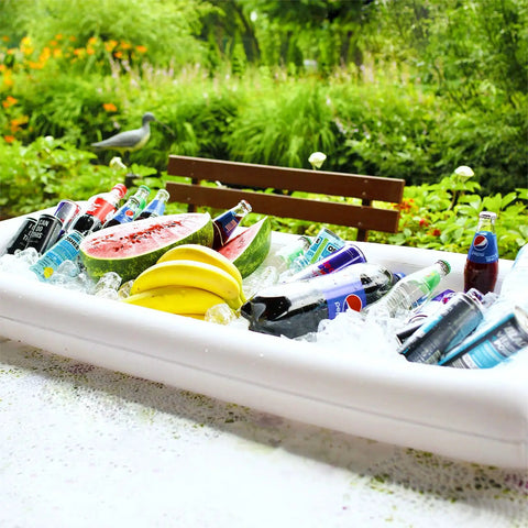 Three-Piece Inflatable Serving Bars Set With Drain Plug And Pump, filled with ice, drinks, and fruits for outdoor entertaining
