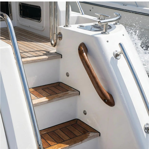 Premium Teak Handrail With Pre Drilled No Sweat Mounting For Tight Spaces Versatile Wall Grip Providing Solid Safety Support For Bathrooms Decks And Outdoor Porches Real Deal Quality on boat steps, showcasing durable teak material and compact design.